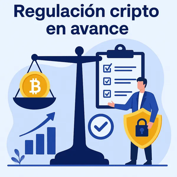 Ilustración de América Latina adoptando marcos legales para regular criptomonedas y proteger el ahorro digital.
