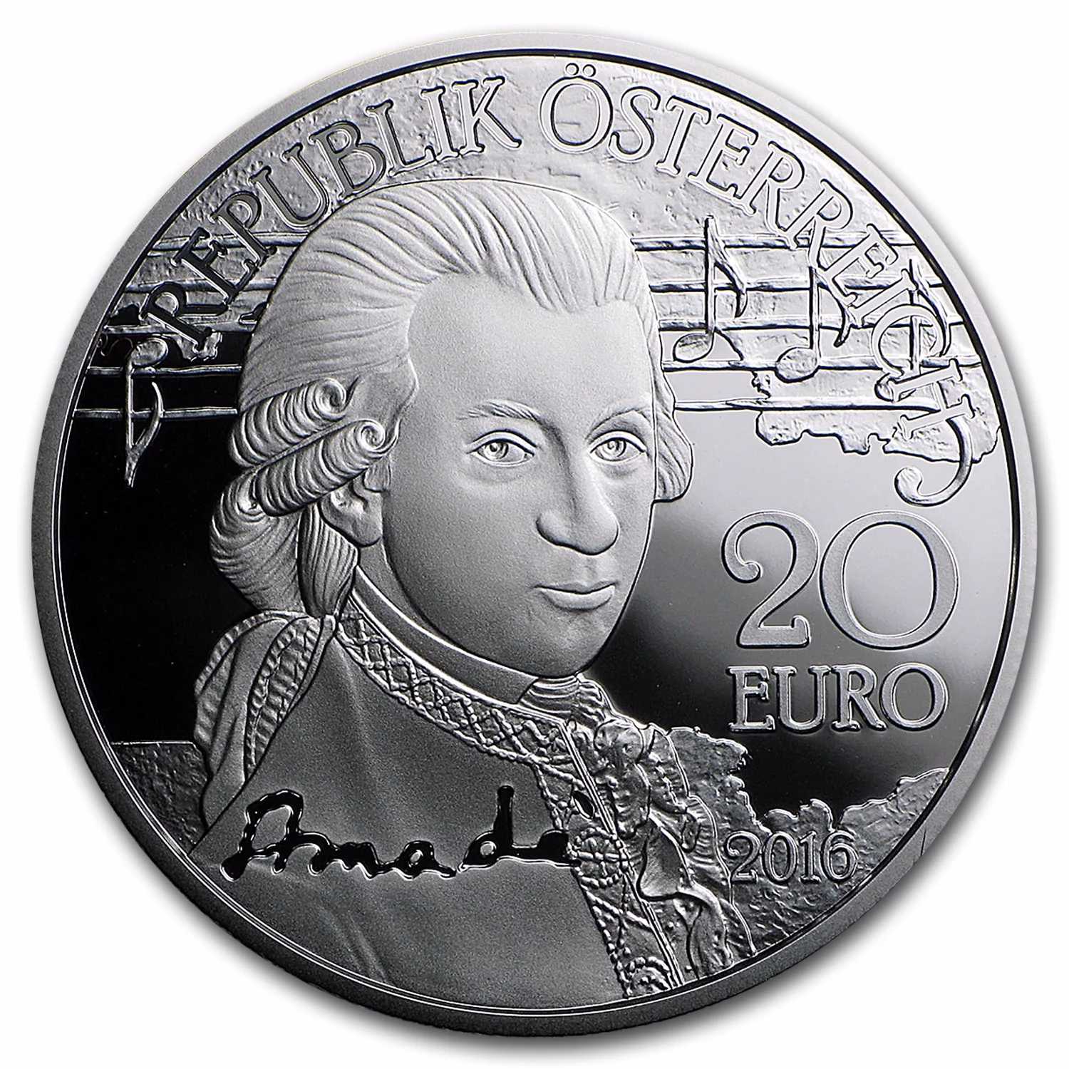 Which Austrian coin depicts Mozart?