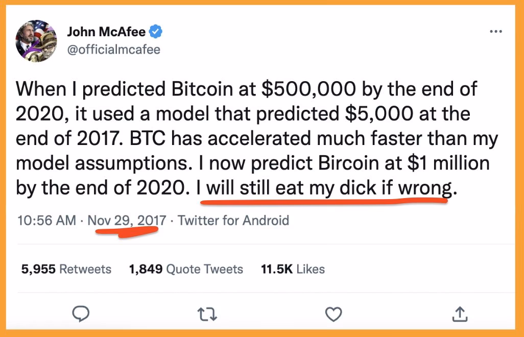 What did John McAfee predict for Bitcoin?